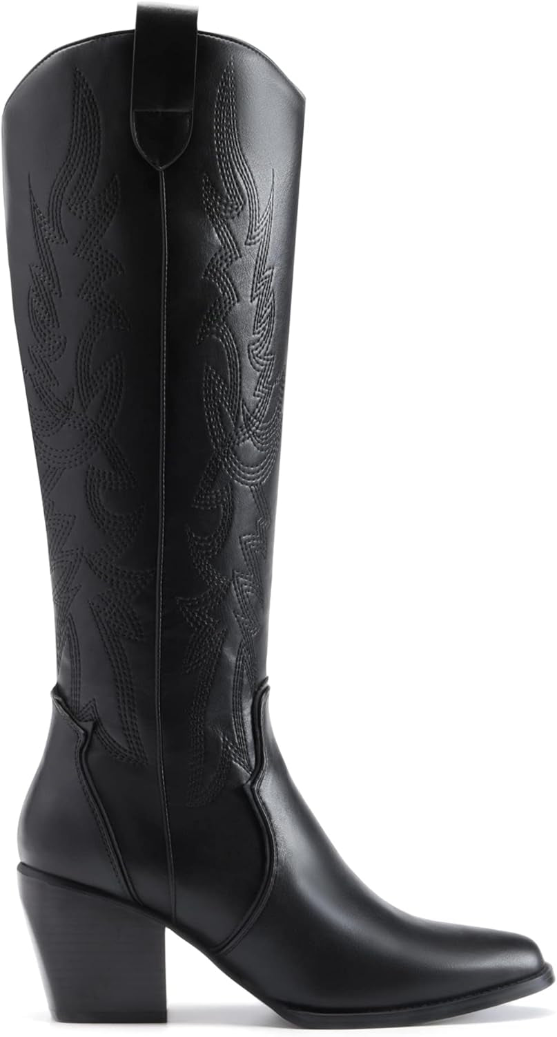 Womens Cowboy Boots, Comfortable Pull on Zipper Chunky Heel Pointed Toe Embroidered Western Cowgirl Knee High Boots