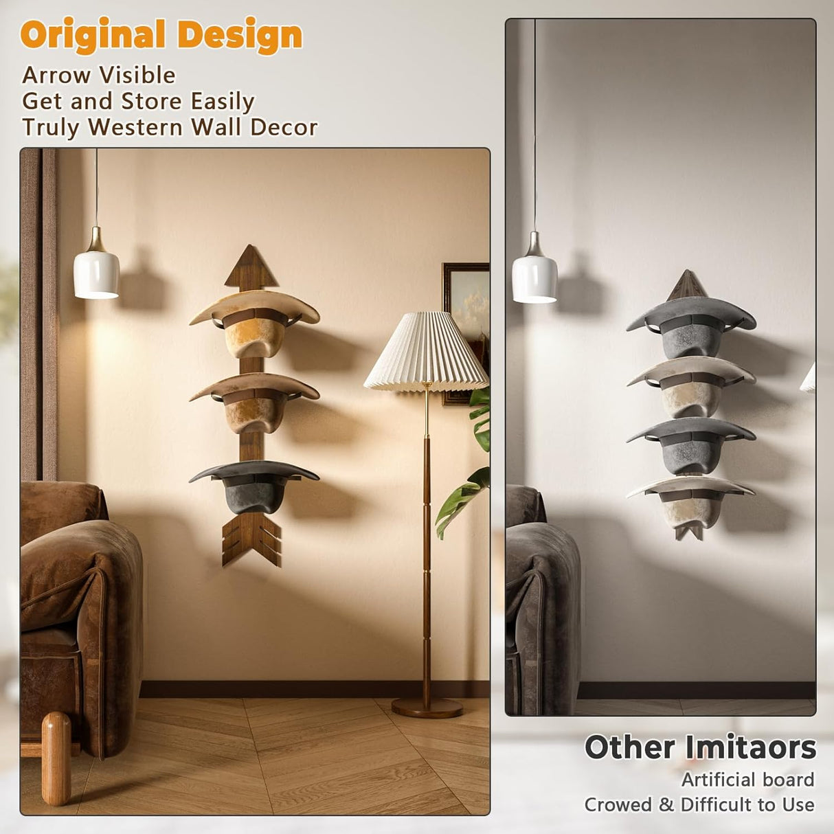 Rustic Wood Arrow Cowboy Hat Holder | 3-Piece Hat Rack Set in Walnut | Western Decor Organizer for Storage & Organization