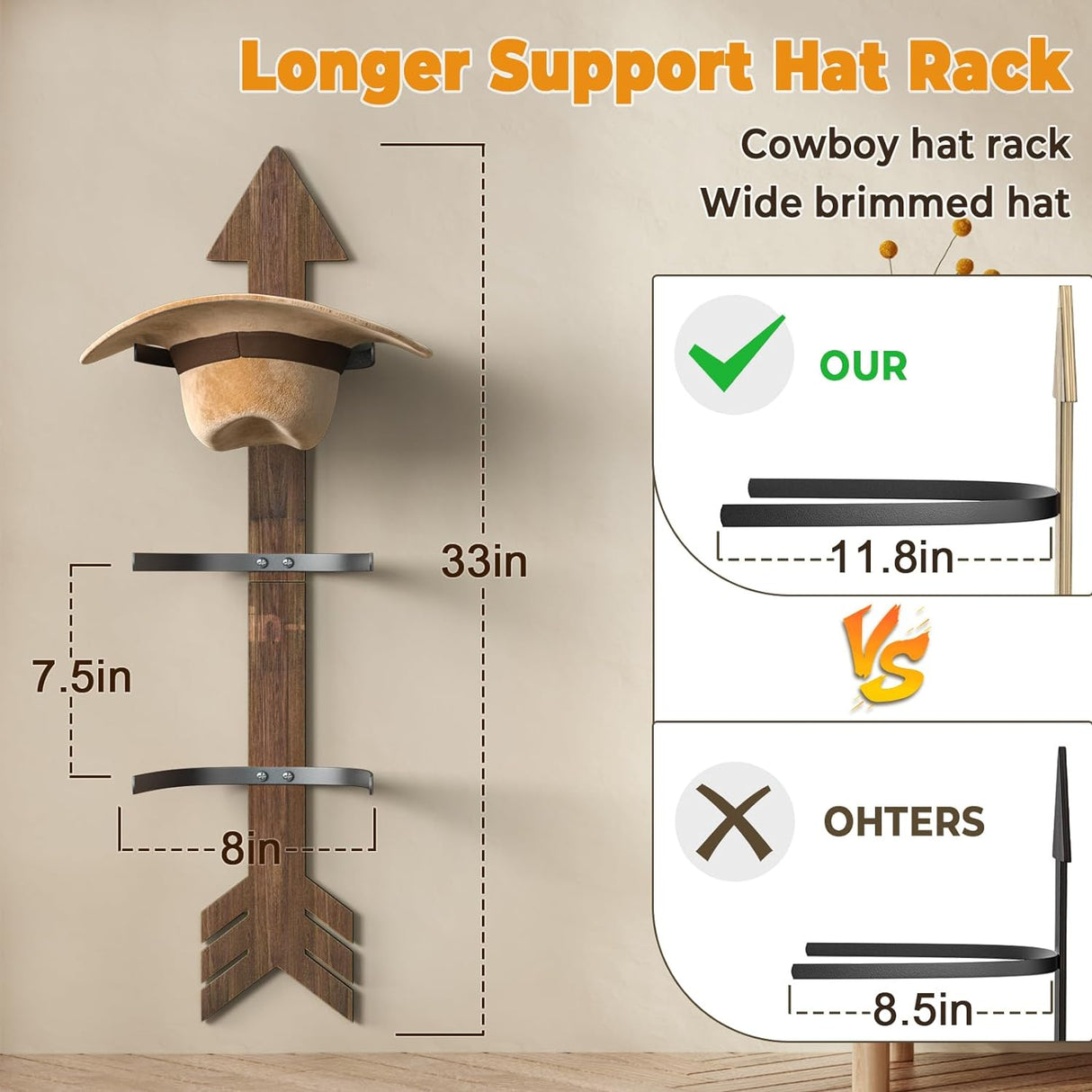 Rustic Wood Arrow Cowboy Hat Holder | 3-Piece Hat Rack Set in Walnut | Western Decor Organizer for Storage & Organization