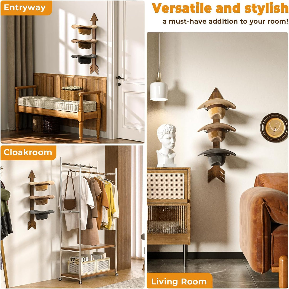 Rustic Wood Arrow Cowboy Hat Holder | 3-Piece Hat Rack Set in Walnut | Western Decor Organizer for Storage & Organization