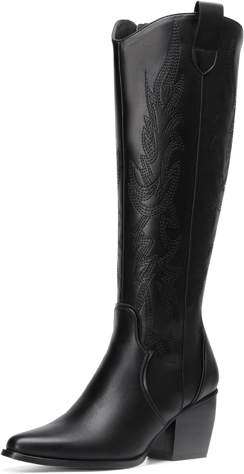 Womens Cowboy Boots, Comfortable Pull on Zipper Chunky Heel Pointed Toe Embroidered Western Cowgirl Knee High Boots