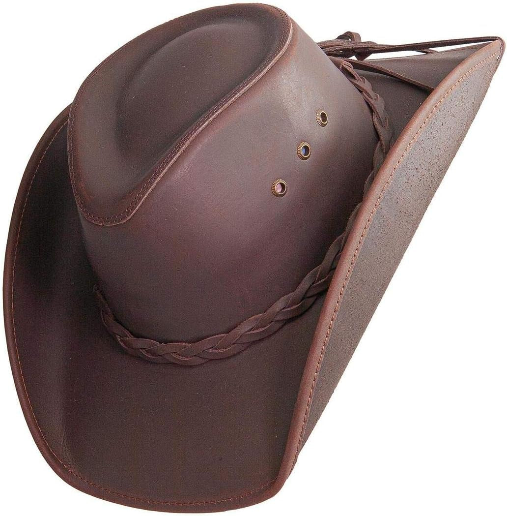 Hollywood Leather Cowboy Hat — Handcrafted 100% Fine Leather Hat Breathable, System, Brown