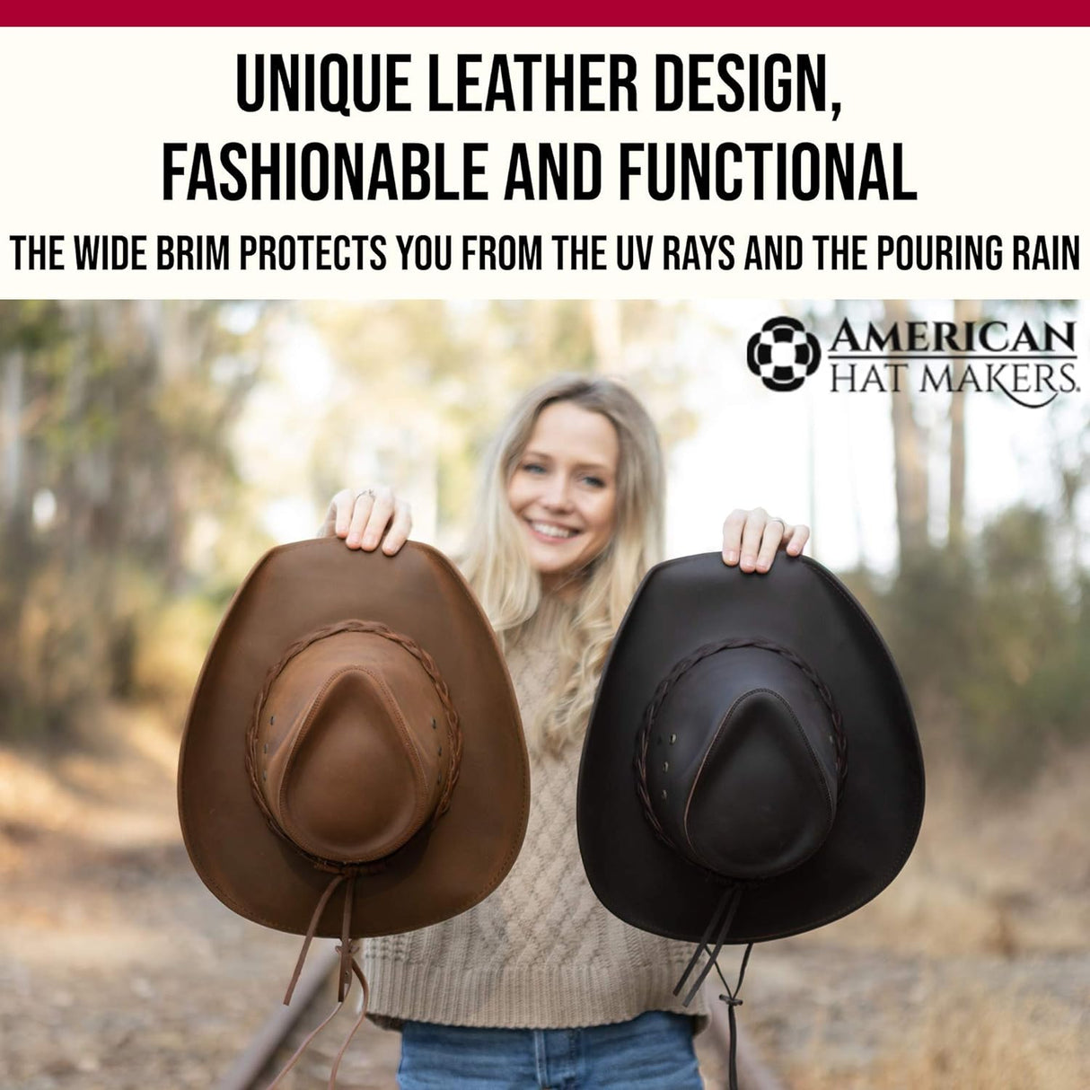 Hollywood Leather Cowboy Hat — Handcrafted 100% Fine Leather Hat Breathable, System, Brown