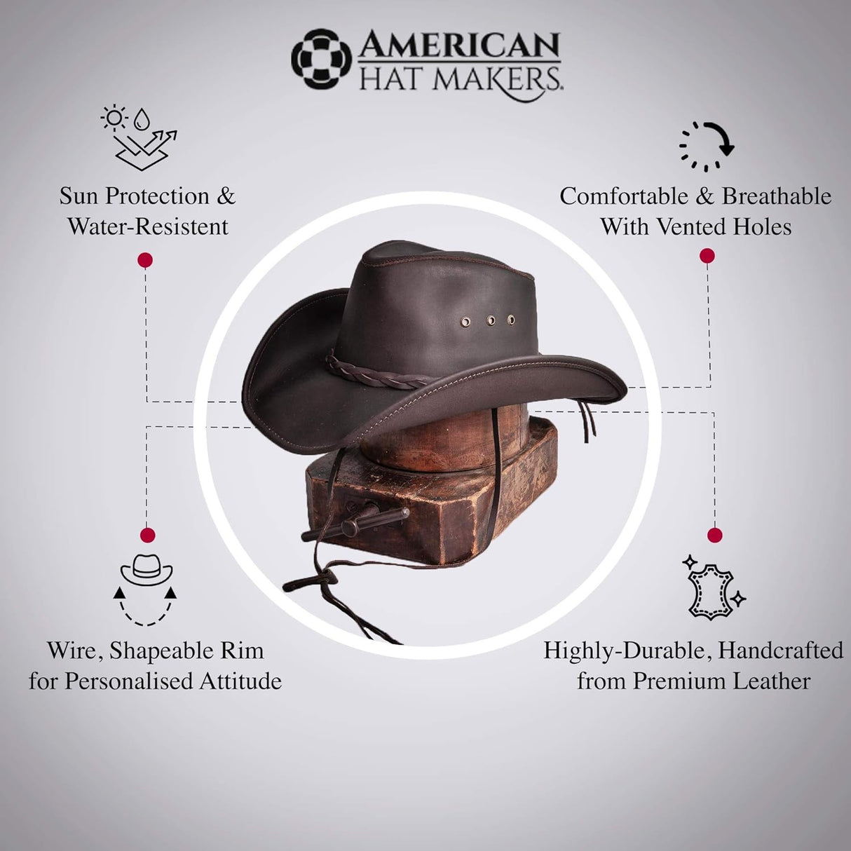 Hollywood Leather Cowboy Hat — Handcrafted 100% Fine Leather Hat Breathable, System, Brown