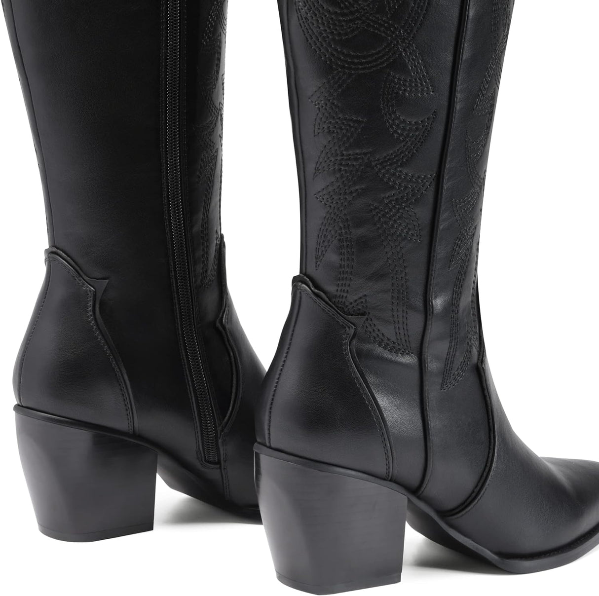 Womens Cowboy Boots, Comfortable Pull on Zipper Chunky Heel Pointed Toe Embroidered Western Cowgirl Knee High Boots