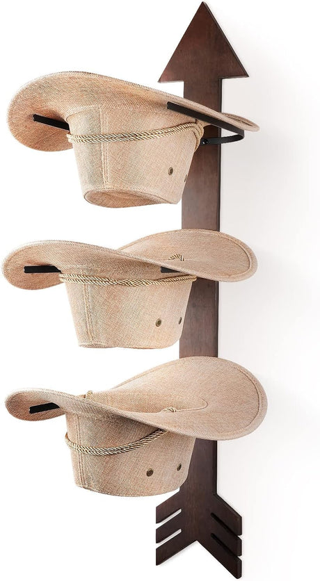 Rustic Wood Arrow Cowboy Hat Holder | 3-Piece Hat Rack Set in Walnut | Western Decor Organizer for Storage & Organization