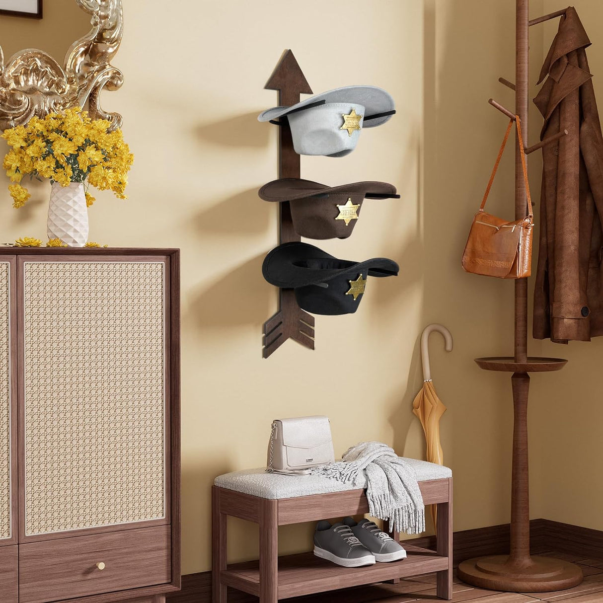 Rustic Wood Arrow Cowboy Hat Holder | 3-Piece Hat Rack Set in Walnut | Western Decor Organizer for Storage & Organization