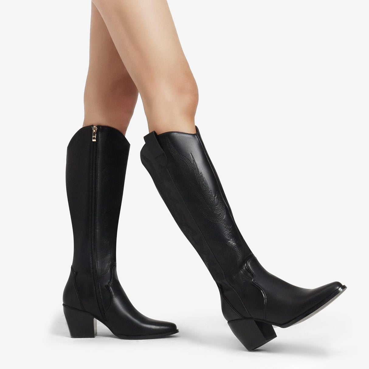 Womens Cowboy Boots, Comfortable Pull on Zipper Chunky Heel Pointed Toe Embroidered Western Cowgirl Knee High Boots