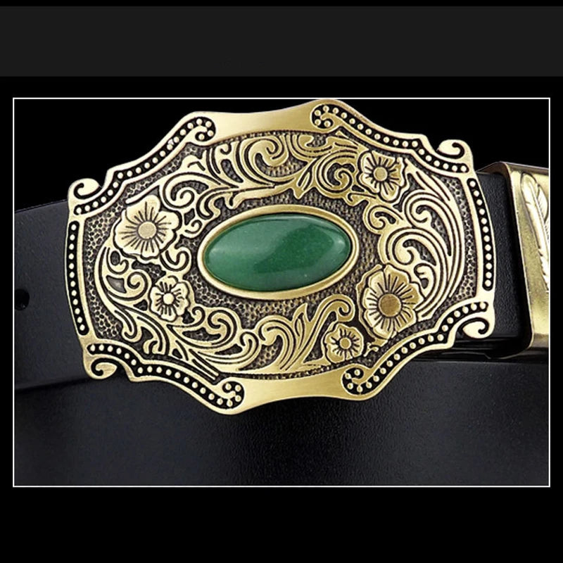 Top Cow Genuine Leather Belts for Men Copper Buckle Tang Grass Grain Jade Brass Plate Buckle Ancient High Quality Male Belt