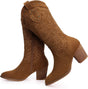 Women's Wide Calf Western Boots | Embroidered Suede Mid-Calf with Pointed Toe & Chunky Heel