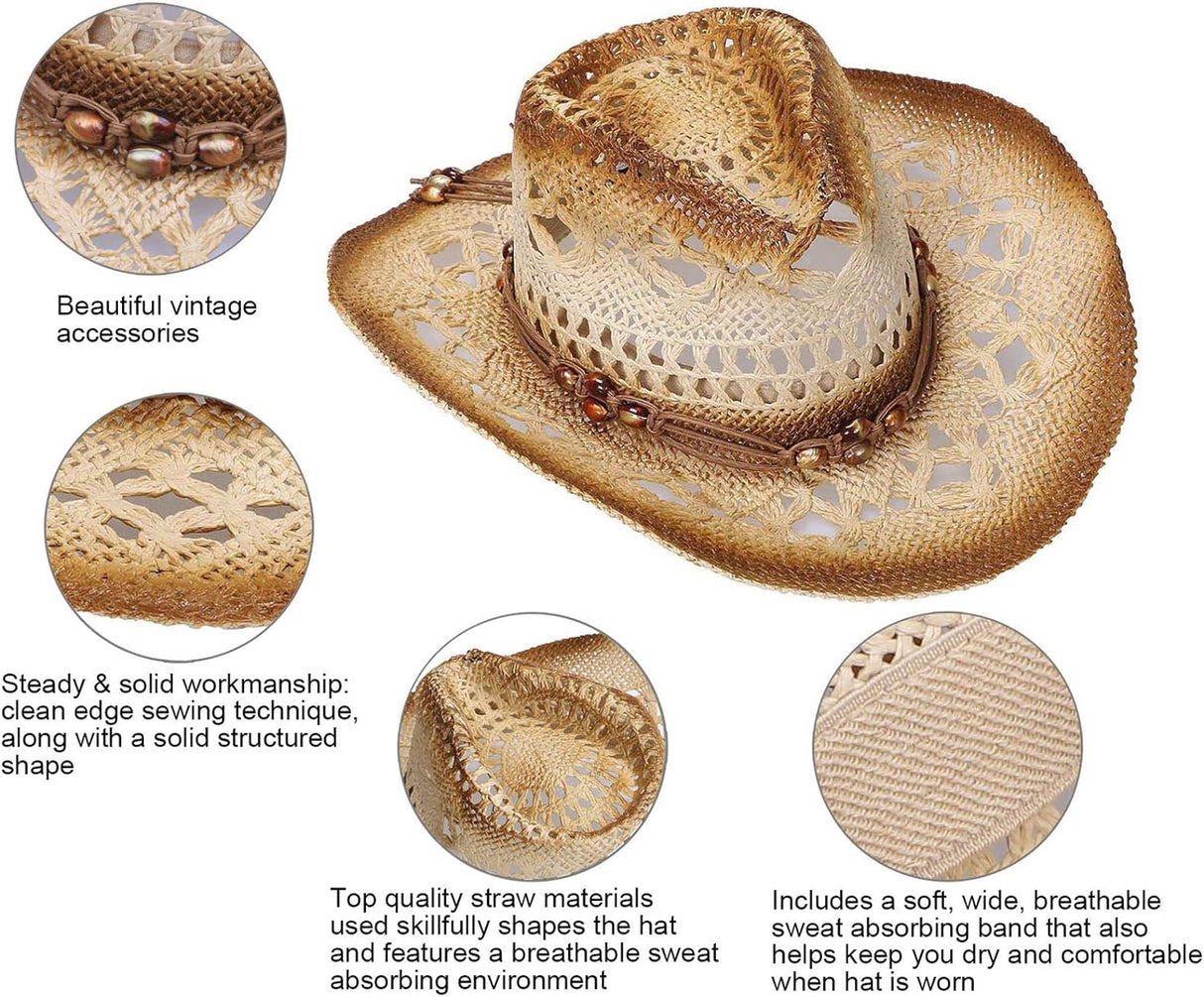 Unisex Woven Straw Cowboy Hat with Decorative Hat Band