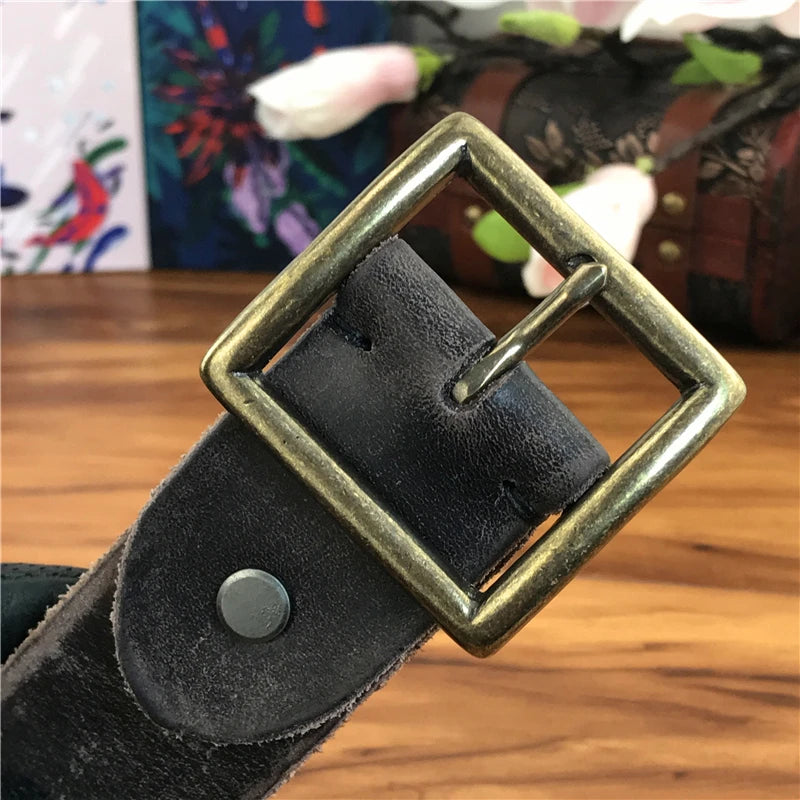 Retro Cowboy Jeans Leather Belt Men Ceinture Vintage Brass Belt Buckle Leather Belt for Men Long Waist Yellow Belt MBT0009