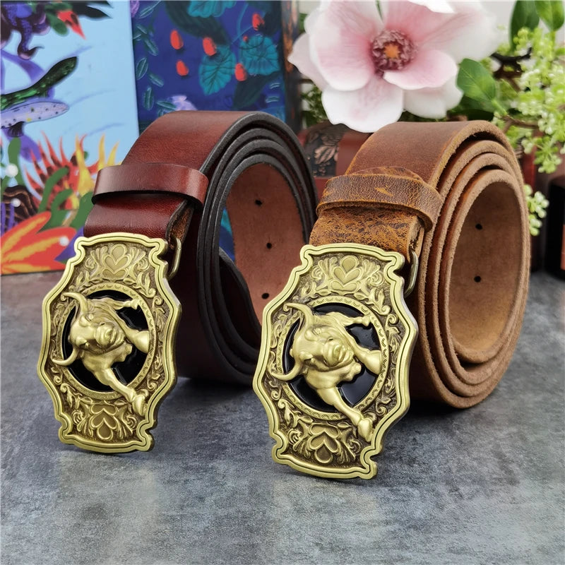 Brass Bull Cowboy Belt Buckle Men Belt Thick Genuine Leather Belt Men Ceinture Homme Cinturon Jeans Strap Waist Belt MBT0524