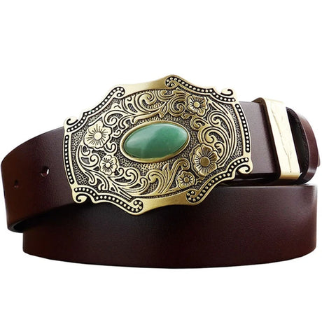 Top Cow Genuine Leather Belts for Men Copper Buckle Tang Grass Grain Jade Brass Plate Buckle Ancient High Quality Male Belt