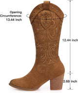 Women's Wide Calf Western Boots | Embroidered Suede Mid-Calf with Pointed Toe & Chunky Heel