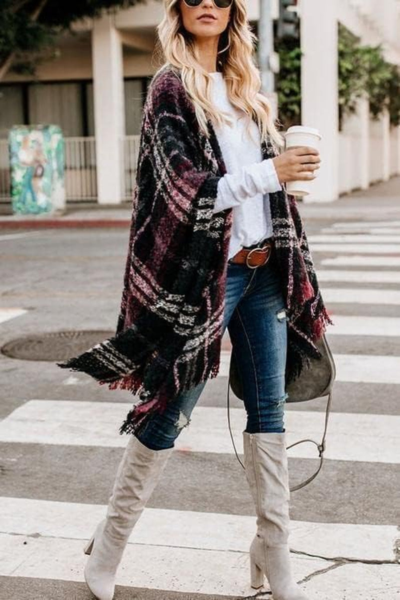 Women'S Boho Open Front Poncho Knitted Plaid Shawl Wrap Cape Tassel Cardigan Sweater