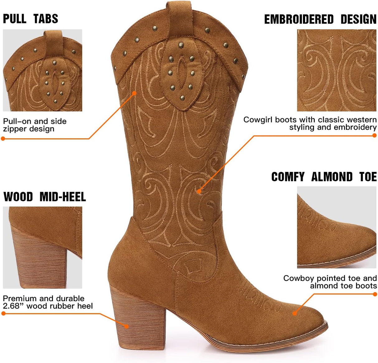 Women's Wide Calf Western Boots | Embroidered Suede Mid-Calf with Pointed Toe & Chunky Heel