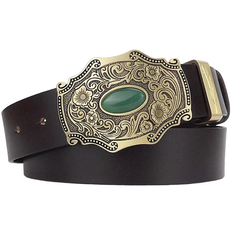 Top Cow Genuine Leather Belts for Men Copper Buckle Tang Grass Grain Jade Brass Plate Buckle Ancient High Quality Male Belt