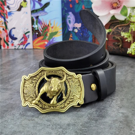 Brass Bull Cowboy Belt Buckle Men Belt Thick Genuine Leather Belt Men Ceinture Homme Cinturon Jeans Strap Waist Belt MBT0524