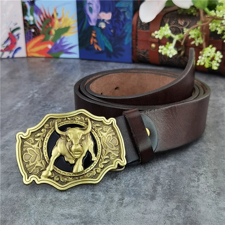 Brass Bull Cowboy Belt Buckle Men Belt Thick Genuine Leather Belt Men Ceinture Homme Cinturon Jeans Strap Waist Belt MBT0524