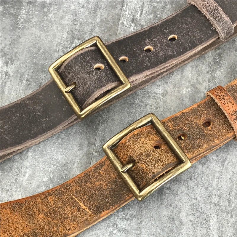 Retro Cowboy Jeans Leather Belt Men Ceinture Vintage Brass Belt Buckle Leather Belt for Men Long Waist Yellow Belt MBT0009