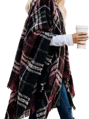 Women'S Boho Open Front Poncho Knitted Plaid Shawl Wrap Cape Tassel Cardigan Sweater