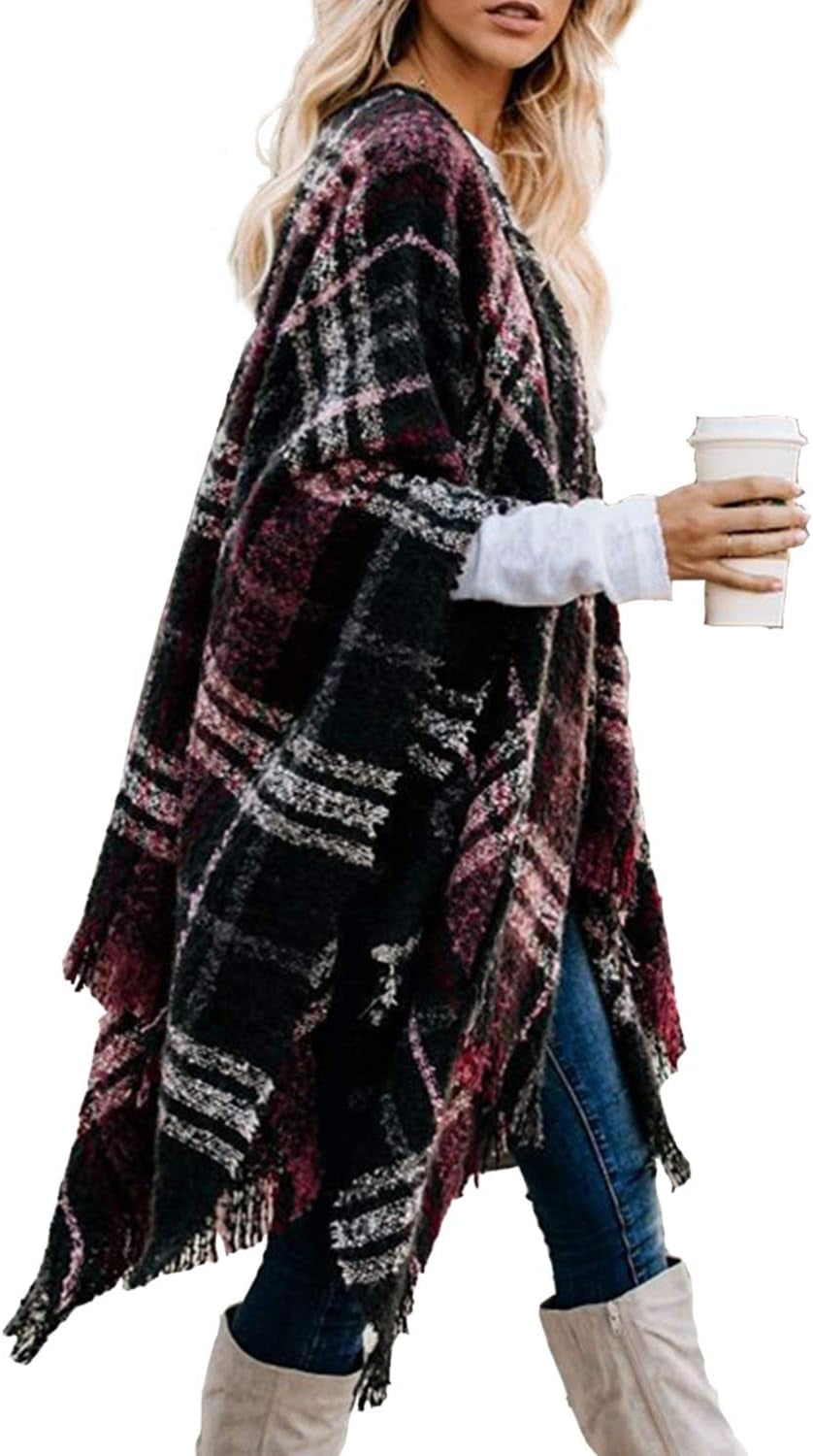 Women'S Boho Open Front Poncho Knitted Plaid Shawl Wrap Cape Tassel Cardigan Sweater