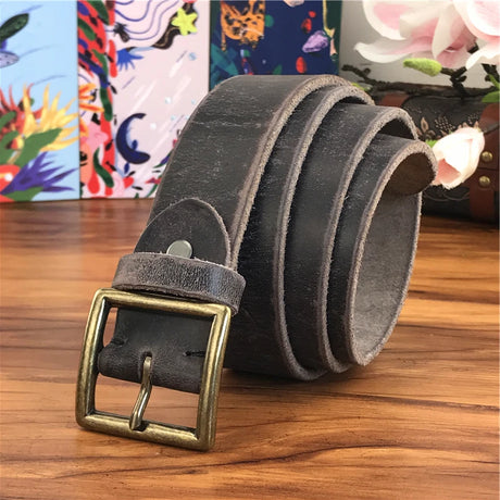 Retro Cowboy Jeans Leather Belt Men Ceinture Vintage Brass Belt Buckle Leather Belt for Men Long Waist Yellow Belt MBT0009