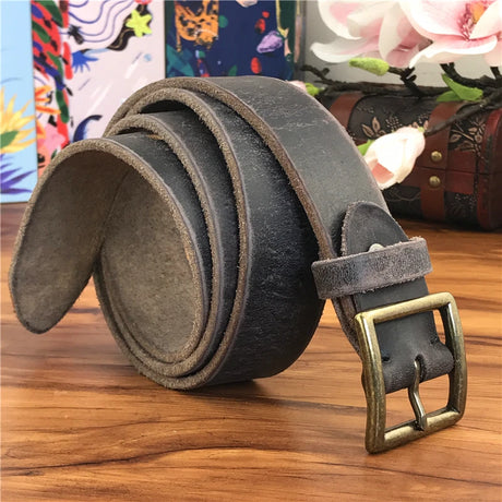 Retro Cowboy Jeans Leather Belt Men Ceinture Vintage Brass Belt Buckle Leather Belt for Men Long Waist Yellow Belt MBT0009