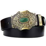 Top Cow Genuine Leather Belts for Men Copper Buckle Tang Grass Grain Jade Brass Plate Buckle Ancient High Quality Male Belt