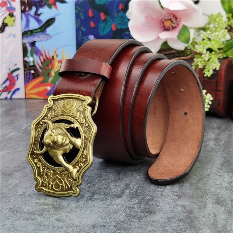 Brass Bull Cowboy Belt Buckle Men Belt Thick Genuine Leather Belt Men Ceinture Homme Cinturon Jeans Strap Waist Belt MBT0524