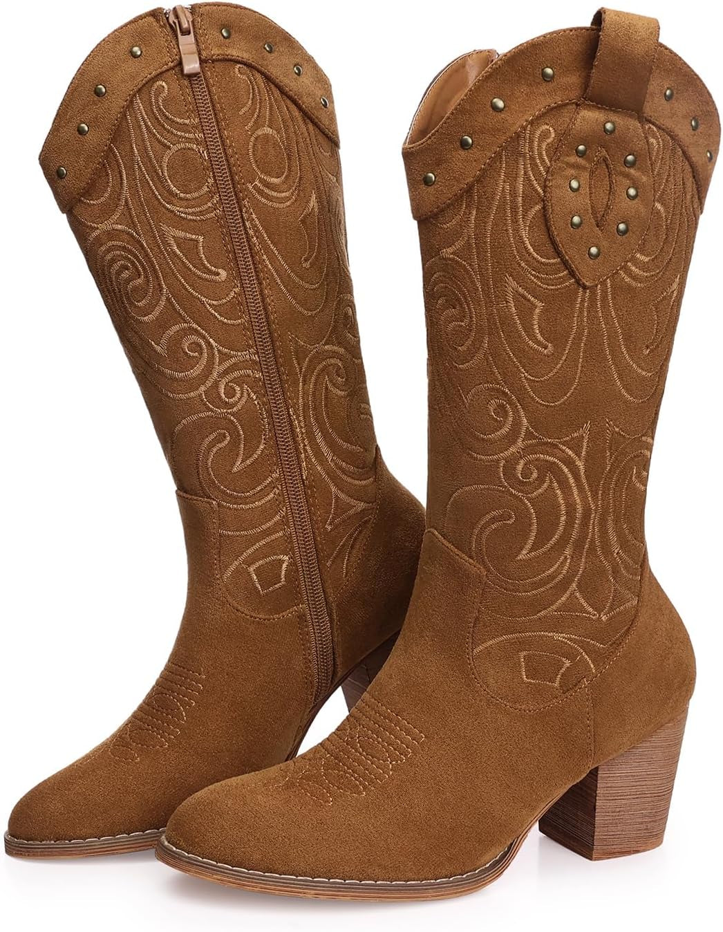 Women's Wide Calf Western Boots | Embroidered Suede Mid-Calf with Pointed Toe & Chunky Heel