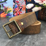 Retro Cowboy Jeans Leather Belt Men Ceinture Vintage Brass Belt Buckle Leather Belt for Men Long Waist Yellow Belt MBT0009